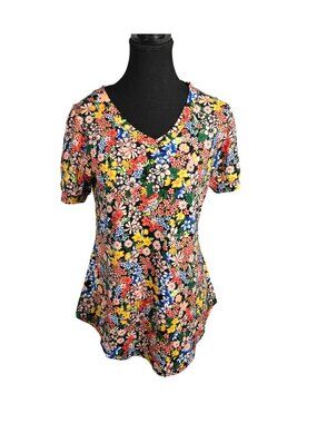 NWOT | Vibrant Multi Color Floral V-Neck Sculpted Top Puff Sleeve Curved Hem | M